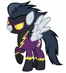Size: 451x500 | Tagged: artist needed, safe, derpibooru import, nightshade, rumble, pegasus, pony, clothes, costume, male, raised hoof, shadowbolts, shadowbolts costume, simple background, solo, stallion, white background