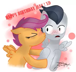 Size: 1015x966 | Tagged: safe, artist:k-the-dragonknight, derpibooru import, rumble, scootaloo, pegasus, pony, abstract background, blushing, colt, female, filly, kissing, male, rumbloo, shipping, straight