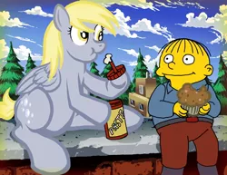 Size: 800x618 | Tagged: safe, artist:balthasar999, derpibooru import, derpy hooves, pegasus, pony, crossover, female, glue, image, jpeg, mare, muffin, ralph wiggum, tasting, the simpsons