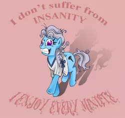 Size: 795x753 | Tagged: safe, artist:susiebeeca, derpibooru import, screw loose, earth pony, pony, caption, female, hospital gown, insanity, mare, solo