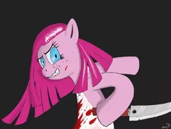 Size: 1600x1200 | Tagged: semi-grimdark, artist:phon-e, derpibooru import, pinkie pie, earth pony, pony, apron, bipedal, blood, clothes, female, knife, mare, pinkamena diane pie, simple background, solo