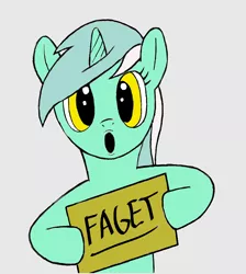 Size: 1000x1116 | Tagged: safe, artist:phon-e, derpibooru import, lyra heartstrings, pony, unicorn, :o, female, hoof hold, looking at you, mare, open mouth, reaction image, simple background, slur, solo, ur a faget, vulgar