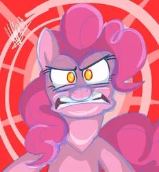 Size: 500x538 | Tagged: safe, artist:secoh2000, derpibooru import, pinkie pie, earth pony, pony, abstract background, angry, female, looking at you, mare, no pupils, pinkie promise, solo