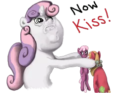 Size: 1600x1200 | Tagged: safe, artist:myminiatureequine, derpibooru import, big macintosh, cheerilee, sweetie belle, earth pony, pony, unicorn, cheerimac, female, filly, male, mare, now kiss, shipper on deck, shipping, simple background, stallion, straight, sweetie the shipper, transparent background, uncanny valley, wat