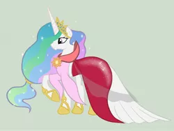 Size: 2592x1944 | Tagged: dead source, safe, artist:miesmauz, derpibooru import, princess celestia, alicorn, pony, clothes, crown, dress, female, gala dress, gimp, gray background, jewelry, mare, raised hoof, regalia, simple background, solo