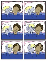 Size: 2550x3301 | Tagged: safe, artist:joeywaggoner, derpibooru import, derpy hooves, doctor whooves, time turner, earth pony, pegasus, pony, bed, boop, cute, doctorderpy, female, high res, male, mare, noseboop, shipping, sleeping, stallion, straight, whimpering