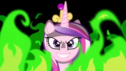 Size: 2732x1536 | Tagged: safe, artist:atmospark, derpibooru import, princess cadance, queen chrysalis, alicorn, pony, a canterlot wedding, disguise, disguised changeling, evil, fake cadance, female, fire, grin, image, looking at you, mare, png, smiling, solo, vector, wallpaper
