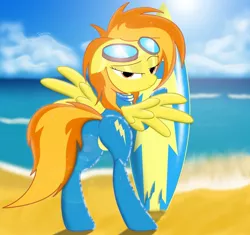Size: 1417x1332 | Tagged: safe, artist:spitshy, derpibooru import, spitfire, pegasus, pony, beach, bedroom eyes, female, goggles, latex, latex suit, looking back, mare, plot, rear view, solo, spread wings, stupid sexy spitfire, surfboard, wings, wonderbolts uniform