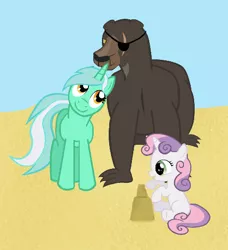 Size: 472x518 | Tagged: safe, artist:widsithgrey, derpibooru import, lyra heartstrings, sweetie belle, pony, unicorn, beach, eyepatch, female, filly, krastos the gluemaker, mare, sand