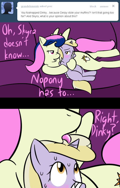 Size: 640x1000 | Tagged: dead source, grimdark, questionable, artist:lamia, derpibooru import, bons away, dinky hooves, pegasus, pony, unicorn, ask skyra and bons away, age difference, awaydom, blushing, blushing profusely, bondage, dialogue, dinkysub, female, femdom, femsub, filly, foalcon, horn, hornjob, lesbian, licking, looking back, mare, mare on filly, rape, sex, submissive, sweat, sweatdrop, sweating profusely, tongue out