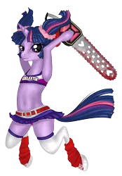 Size: 737x1059 | Tagged: artist:letsmagnet, belly button, chainsaw, clothes, cosplay, derpibooru import, female, juliet starling, lollipop chainsaw, midriff, panties, pink underwear, safe, semi-anthro, shoes, simple background, skirt, sneakers, solo, twilight sparkle, underwear, upskirt