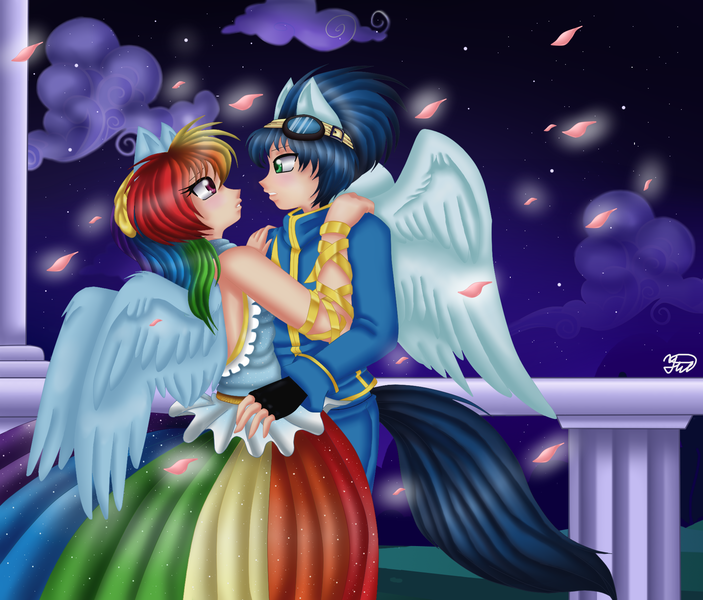 Size: 1930x1648 | Tagged: safe, artist:yuki-orin, derpibooru import, rainbow dash, soarin', human, eared humanization, eye contact, female, goggles, humanized, looking at each other, male, night, shipping, soarindash, straight, tailed humanization, winged humanization