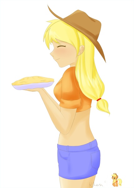 Size: 825x1155 | Tagged: applejack, artist:kprovido, derpibooru import, eyes closed, female, human, humanized, midriff, pie, profile, safe, simple background, solo, white background