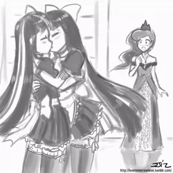 Size: 850x850 | Tagged: anarchy stocking, artist:johnjoseco, blushing, clothes, costume, crossover, crossover shipping, crown, derpibooru import, eyes closed, female, grayscale, human, humanized, jewelry, kissing, lesbian, long hair, maid, monochrome, multicolored hair, necklace, open mouth, panty and stocking with garterbelt, princess luna, regalia, ribbon, safe, shipping, short skirt, skirt, trio, twilight sparkle
