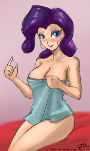 Size: 700x1167 | Tagged: artist:deeriojim, artist:johnjoseco, big breasts, breasts, busty rarity, colored, color edit, derpibooru import, ear piercing, earring, edit, female, human, humanized, implied small penis, jewelry, piercing, questionable, rarity, solo, solo female, towel