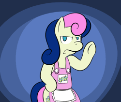 Size: 800x675 | Tagged: safe, artist:lamia, derpibooru import, bon bon, sweetie drops, earth pony, pony, semi-anthro, abstract background, animated, apron, bipedal, blue background, bon bon is not amused, clothes, cutie mark, female, gif, looking at you, mare, no pupils, oh no you didn't, simple background