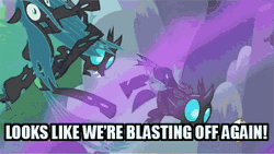 Size: 400x225 | Tagged: safe, derpibooru import, edit, edited screencap, screencap, queen chrysalis, changeling, changeling queen, a canterlot wedding, animated, blasting off again, caption, changeling swarm, defeat, defeated, gif, image, meme, pokémon, reaction image, team rocket, twinkle in the sky
