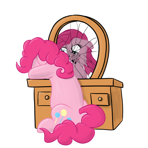 Size: 2000x2000 | Tagged: safe, artist:living_dead, derpibooru import, pinkie pie, earth pony, pony, broken, duality, female, high res, mare, mirror, pinkamena diane pie, simple background, white background