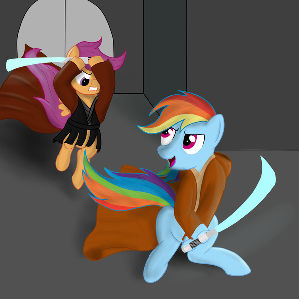 Size: 2000x2000 | Tagged: safe, artist:living_dead, derpibooru import, rainbow dash, scootaloo, pegasus, pony, semi-anthro, clothes, crossover, duo, female, filly, frown, high res, hoof hold, jumping, lightsaber, mare, open mouth, sitting, smiling, star wars, weapon