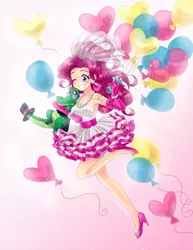 Size: 750x971 | Tagged: alligator, artist:semehammer, balloon, clothes, cute, derpibooru import, diapinkes, dress, evening gloves, female, gummy, hat, heart balloon, high heels, human, humanized, jewelry, necklace, one eye closed, pinkie pie, safe, smiling, solo