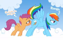 Size: 1039x660 | Tagged: suggestive, artist:zed001, derpibooru import, rainbow dash, scootaloo, pegasus, pony, aroused, artifact, blushing, butt sniffing, cloud, cloudy, dialogue, estrus, female, filly, imminent sex, implied foalcon, lesbian, mare, mare on filly, outdoors, raised tail, reverse foalcon, scootadash, shipping, sniffing, spread wings, tail, wingboner