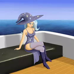 Size: 2000x2000 | Tagged: artist:deilan12, boat, boots, derpibooru import, female, high res, human, humanized, safe, sitting, solo, trixie, water