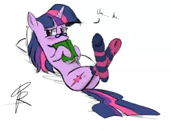 Size: 1722x1325 | Tagged: suggestive, artist:peperoger, derpibooru import, twilight sparkle, pony, unicorn, adorasexy, adorkable, adorkasexy, blushing, book, bookhorse, clothes, cute, dork, female, glasses, mare, messy mane, on back, paint tool sai, pillow, sexy, signature, simple background, socks, solo, solo female, striped socks, twiabetes, unicorn twilight, white background
