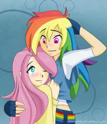 Size: 862x997 | Tagged: safe, artist:ketsuzoku, derpibooru import, fluttershy, rainbow dash, human, abstract background, blushing, clothes, colored pupils, female, fingerless gloves, flutterdash, gloves, hair over one eye, hand on head, hug, humanized, lesbian, midriff, one eye closed, shipping, smiling