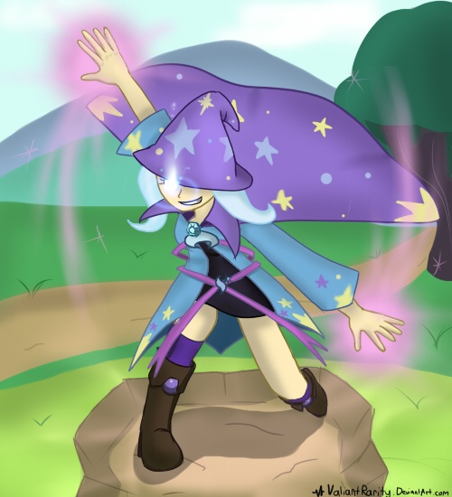 Size: 500x550 | Tagged: artist:valiantrarity, clothes, derpibooru import, female, human, humanized, magic, safe, solo, tree, trixie