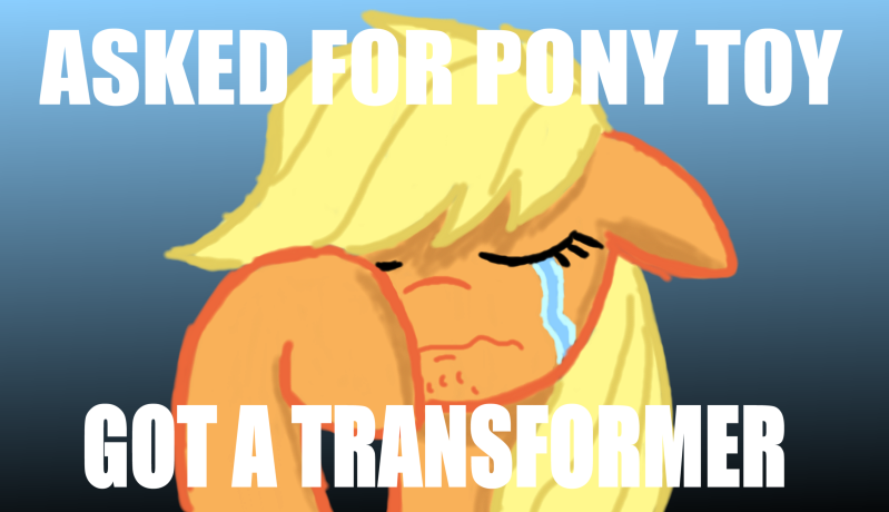 Size: 799x460 | Tagged: safe, artist:equinox23, derpibooru import, applejack, earth pony, pony, clash of hasbro's titans, crying, eyes closed, female, floppy ears, image macro, in-universe pegasister, mare, meme, solo, toy, transformers