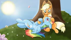 Size: 1920x1080 | Tagged: safe, artist:ratofdrawn, derpibooru import, applejack, rainbow dash, butterfly, earth pony, pegasus, pony, appledash, eye contact, female, flower, grass, head on lap, lesbian, looking at each other, mare, on back, outdoors, shipping, sitting, sun, tree, under the tree, wallpaper