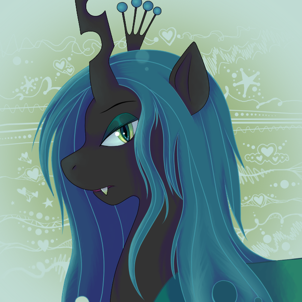 Size: 700x700 | Tagged: dead source, safe, artist:rosewhistle, derpibooru import, queen chrysalis, changeling, changeling queen, abstract background, bust, fangs, female, image, lidded eyes, looking at you, png, portrait, profile, slit eyes, solo