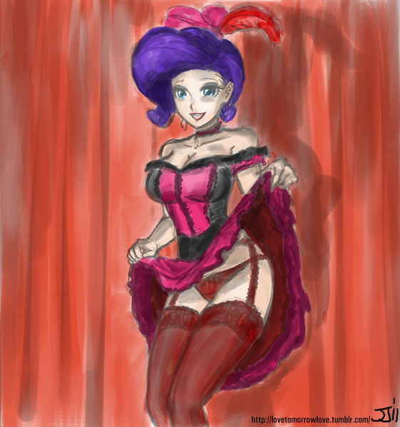 Size: 1000x1069 | Tagged: artist:johnjoseco, artist:michos, breasts, burlesque, busty rarity, can-can, choker, clothes, colored, color edit, corset, costume, derpibooru import, edit, female, garter belt, human, humanized, lace, lingerie, panties, rarity, red underwear, saloon dress, showgirl, skirt, skirt lift, solo, solo female, stockings, suggestive, underwear, upskirt