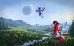 Size: 1680x1050 | Tagged: source needed, safe, artist:moe, derpibooru import, pinkie pie, princess luna, alicorn, earth pony, pony, 16:10, beret, bipedal, celestial mechanics, creek, duo, duo female, easel, female, first alicorn picture on derpibooru, first luna picture on derpibooru, first pinkie pie picture on derpibooru, flower, flying, forest, frown, grass, hat, luna is not amused, magic, mare, moon, moon work, mountain, one of the first, open mouth, paint, paintbrush, painting, palette, pointing, river, s1 luna, scenery, scenery porn, signature, sitting, spread wings, tree, unamused, valley, wallpaper, wings