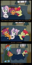 Size: 1980x3950 | Tagged: dead source, safe, artist:naterrang, derpibooru import, apple bloom, rainbow dash, scootaloo, sweetie belle, earth pony, pegasus, pony, unicorn, blanket, cold, comic, couch, cutie mark crusaders, female, filly, hot water bottle, mare, onomatopoeia, photoshop, scootalove, sick, sleeping, sound effects, thermometer, wet mane, zzz