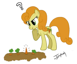 Size: 737x610 | Tagged: dead source, safe, artist:jykinturah, deleted from derpibooru, derpibooru import, carrot top, golden harvest, earth pony, pony, adobe fireworks, carrot, doubt, female, mare, question mark, simple background, solo, transparent background