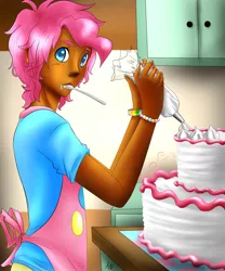 Size: 1280x1536 | Tagged: apron, artist:animecreator, ask a bishonen pony, bubble berry, cake, clothes, dark skin, derpibooru import, frosting, human, humanized, male, mouth hold, pinkie pie, rule 63, safe, solo