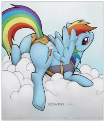 Size: 758x879 | Tagged: suggestive, artist:ecmajor, derpibooru import, rainbow dash, pegasus, pony, cloud, dock, female, mare, plot, solo, solo female