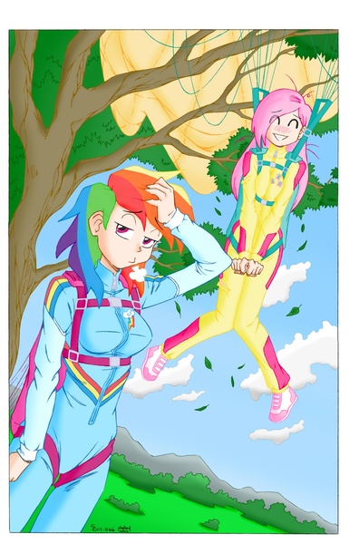 Size: 1620x2525 | Tagged: air ponyville, artist:shoxxe, clothes, colorist:phallen1, derpibooru import, female, fluttershy, human, humanized, jumpsuit, parachute, rainbow dash, safe, skydiving, tree