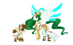 Size: 600x366 | Tagged: safe, artist:skyfinder, derpibooru import, ponified, pony, clothes, colt, crossover, female, kid icarus, kid icarus: uprising, male, mare, palutena, pit (kid icarus), sandals, signature, simple background, smiling, spread wings, standing, transparent background
