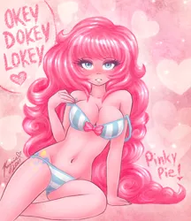 Size: 562x650 | Tagged: abstract background, artist:k-y-h-u, belly button, blushing, bra, breasts, busty pinkie pie, cleavage, clothes, cutie mark, cutie mark on human, derpibooru import, female, human, humanized, looking at you, panties, pinkie pie, pony coloring, sitting, solo, solo female, striped underwear, suggestive, underass, underwear