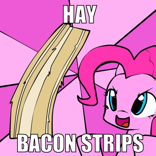 Size: 500x500 | Tagged: safe, artist:derpiihooves, derpibooru import, pinkie pie, earth pony, pony, abstract background, epic cupcake time, female, hay bacon strips, image macro, mare, meme, solo