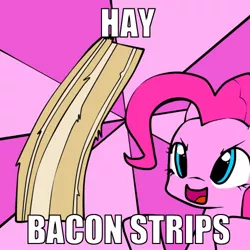 Size: 500x500 | Tagged: safe, artist:derpiihooves, derpibooru import, pinkie pie, earth pony, pony, abstract background, epic cupcake time, female, hay bacon strips, image macro, mare, meme, solo