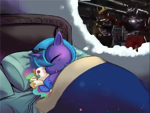 Size: 500x378 | Tagged: artist needed, safe, derpibooru import, edit, princess celestia, princess luna, alicorn, pony, bed, blanket, blush sticker, blushing, cute, dream meme, eyes closed, female, filly, hug, kamen rider, kamen rider agito, kamen rider ryuki, meme, plushie, side, smiling, thought bubble, woona