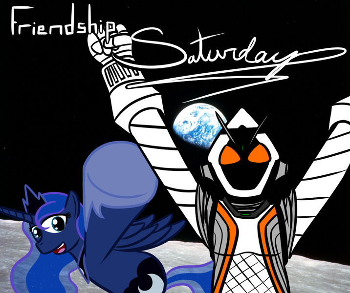 Size: 1000x838 | Tagged: artist needed, safe, derpibooru import, princess luna, alicorn, pony, earth, female, it's friendship time, kamen rider, kamen rider fourze, mare, moon, space