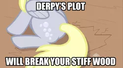 Size: 1280x717 | Tagged: suggestive, derpibooru import, edit, edited screencap, screencap, derpy hooves, pegasus, pony, the last roundup, butt, caption, female, image macro, implied erection, innuendo, iron plot, mare, plot, solo, solo female