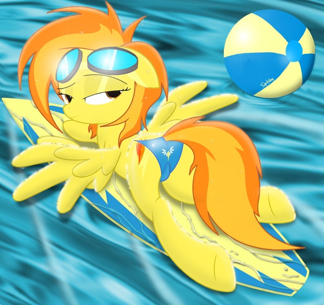 Size: 1445x1360 | Tagged: suggestive, artist:spitshy, derpibooru import, spitfire, pegasus, pony, beach ball, bedroom eyes, bikini, bikini bottom, clothes, female, goggles, mare, plot, prone, solo, solo female, spread wings, stupid sexy spitfire, surfboard, swimsuit, topless, underhoof, water, wings