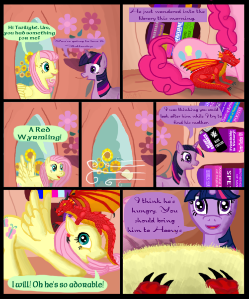 Size: 835x1000 | Tagged: safe, artist:bhiggo, derpibooru import, fluttershy, pinkie pie, twilight sparkle, earth pony, pegasus, pony, unicorn, baby dragon, comic, female, golden oaks library, korog's hunger, library, mare, red wyrmling