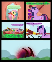 Size: 835x1000 | Tagged: safe, artist:bhiggo, derpibooru import, spike, twilight sparkle, dragon, pegasus, pony, unicorn, big scary red thingy, comic, female, korog's hunger, male, mare, page, telescope