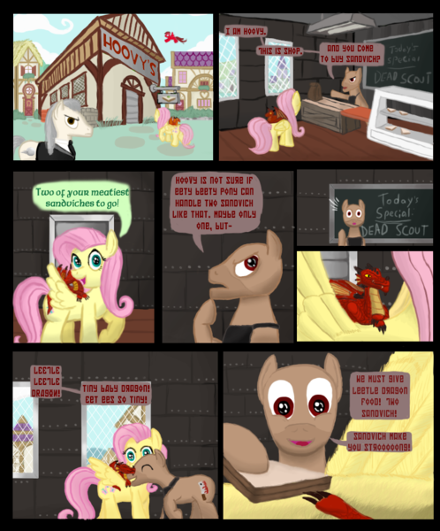 Size: 830x1000 | Tagged: safe, artist:bhiggo, derpibooru import, fluttershy, earth pony, pegasus, pony, baby dragon, comic, crossover, female, heavy, korog's hunger, male, mare, page, pootis, red wyrmling, sandvich, shop, stallion, team fortress 2